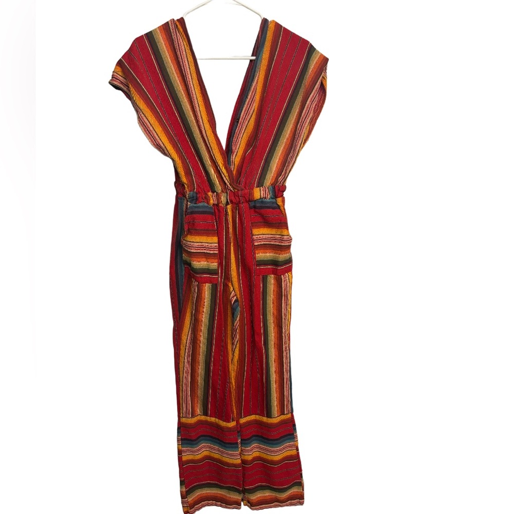 Lucky & Blessed Mexican Serape Red Striped V-neck and Back Womens Romper Sz M